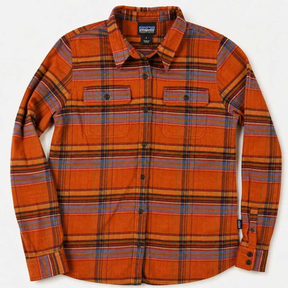 Patagonia Organic Cotton Plaid Fjord Fall Flannel Shirt Orange Blue Plaid Large